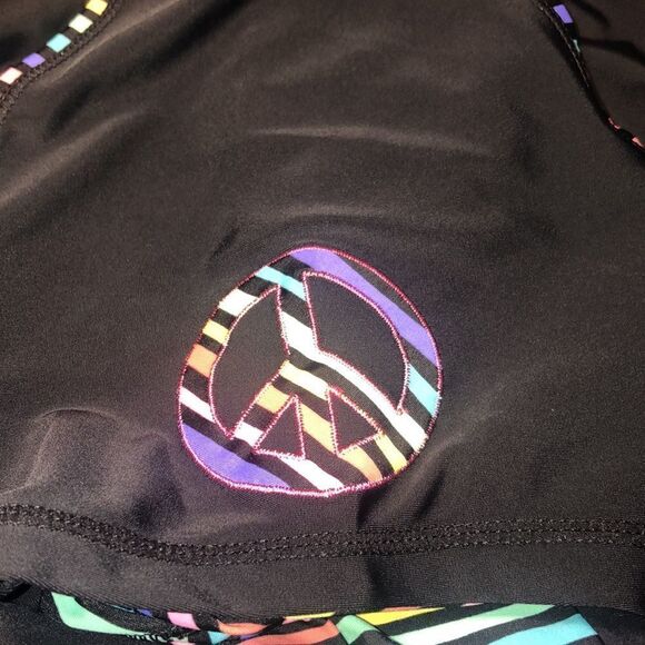 OP Peace ☮️ and Rainbow 🌈 Rash Guard Swim Shirt. Black Contrast Rainbow Piping - Picture 11 of 17